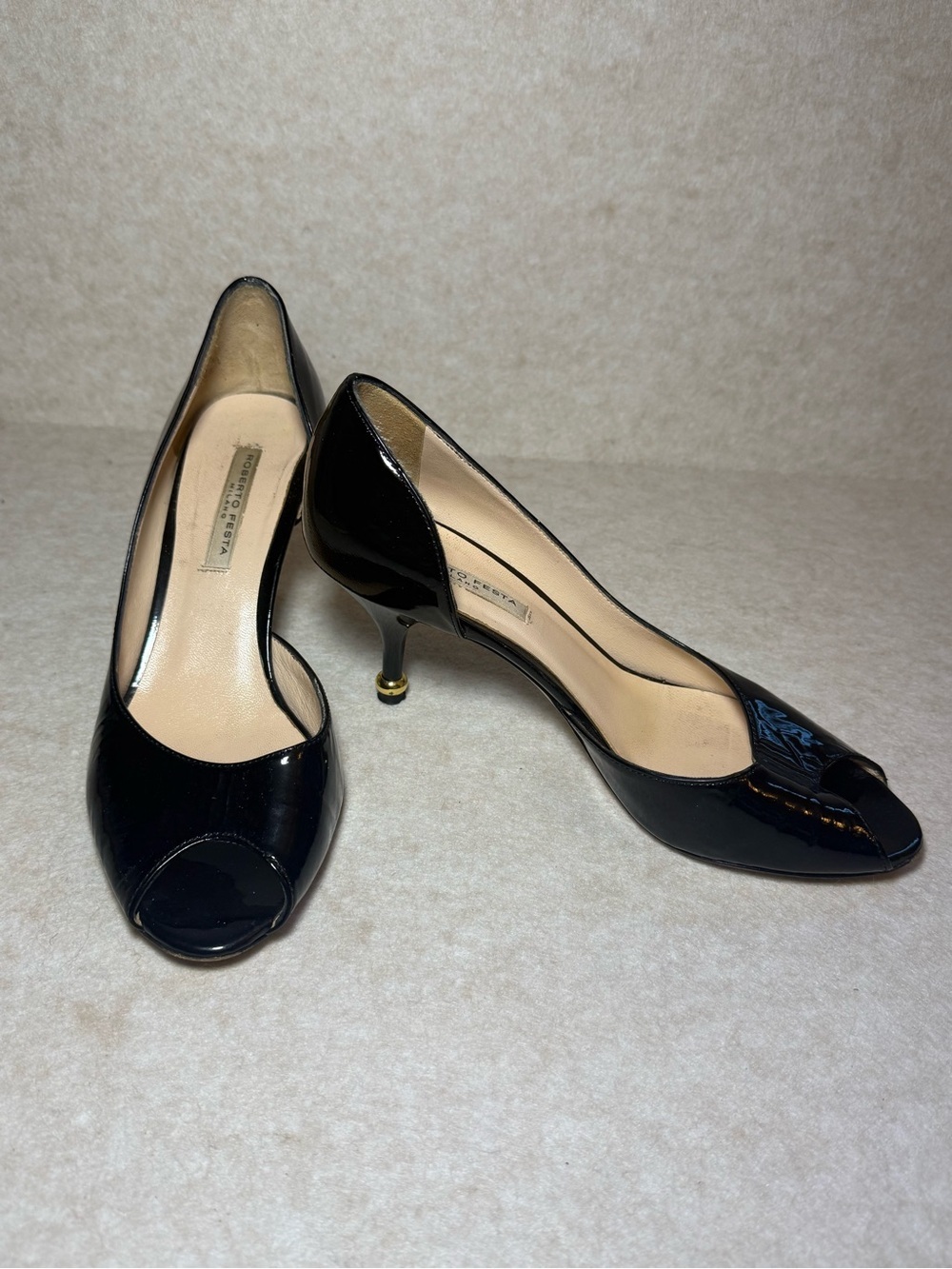 Roberto Festa Made in Italy Black Patent Leather Peep Toe Heels Size US 8